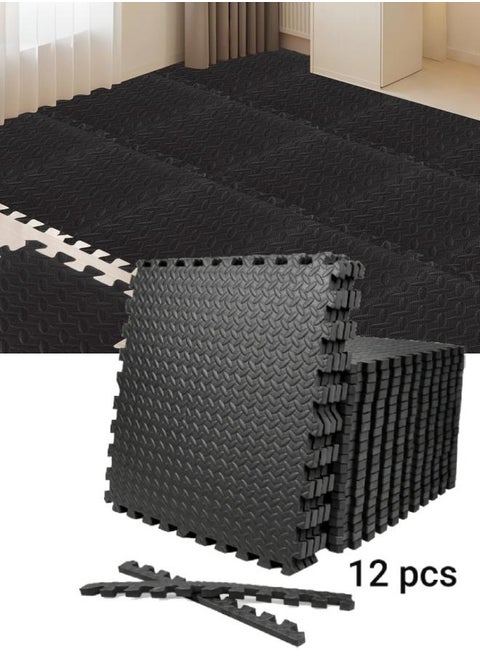 Gym Flooring Set, EVA Foam Exercise Mat Tiles with Borders, Protective Puzzle Floor Mats for Home Gym, Workout, Kids Play Area, 12 PCS