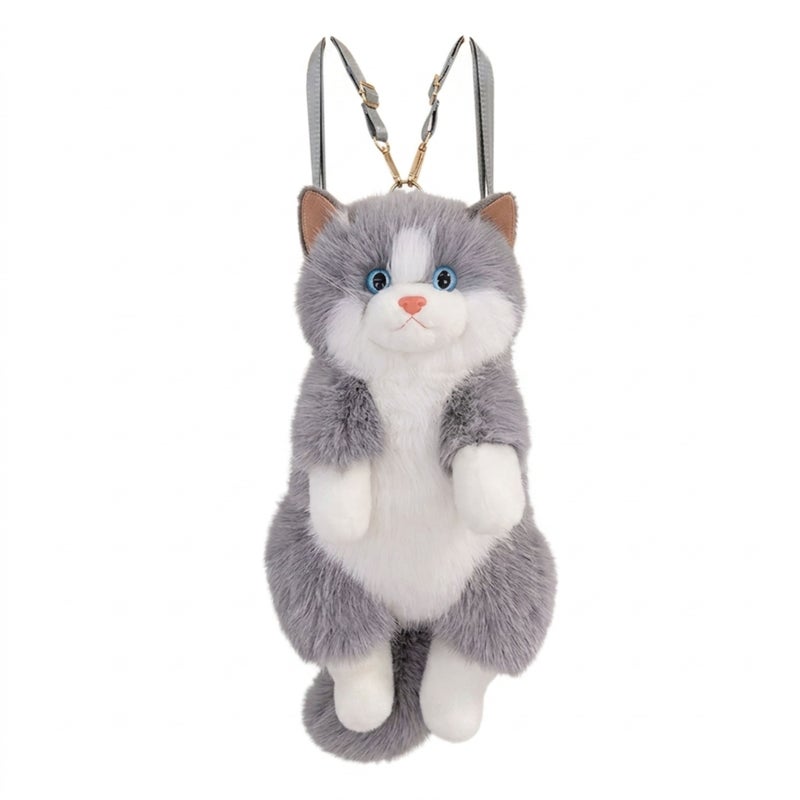 Kiddoz Realistic Cat Plush Backpack with Adjustable Straps & Zipper Closure - Grey | Faux Fur Animal Backpack, Suitable for daily use and casual fashion, Travel, Cat Lovers, Birthday Gifts, New Year Gifts - Image 1