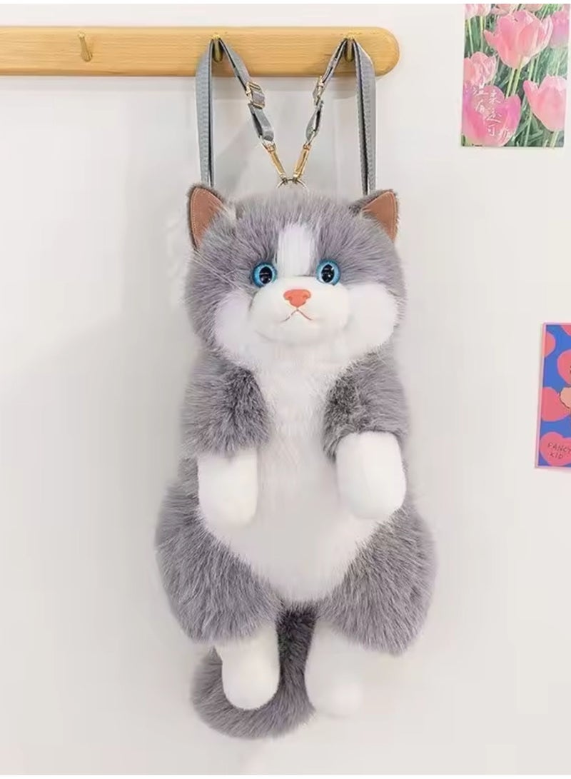 Kiddoz Realistic Cat Plush Backpack with Adjustable Straps & Zipper Closure - Grey | Faux Fur Animal Backpack, Suitable for daily use and casual fashion, Travel, Cat Lovers, Birthday Gifts, New Year Gifts - Image 2