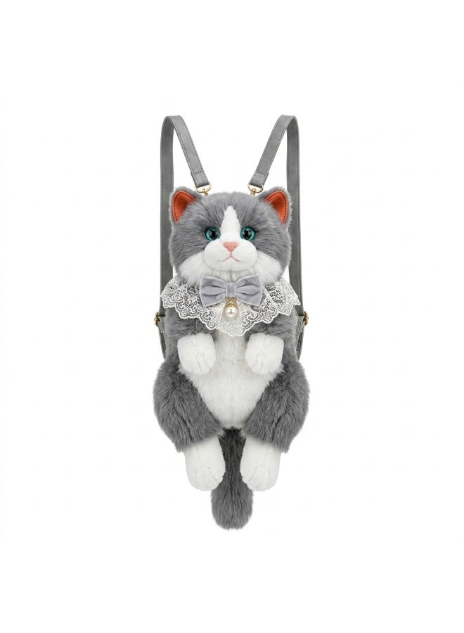 Kiddoz Realistic Cat Plush Backpack with Adjustable Straps & Zipper Closure - Grey | Faux Fur Animal Backpack, Suitable for daily use and casual fashion, Travel, Cat Lovers, Birthday Gifts, New Year Gifts - Image 1