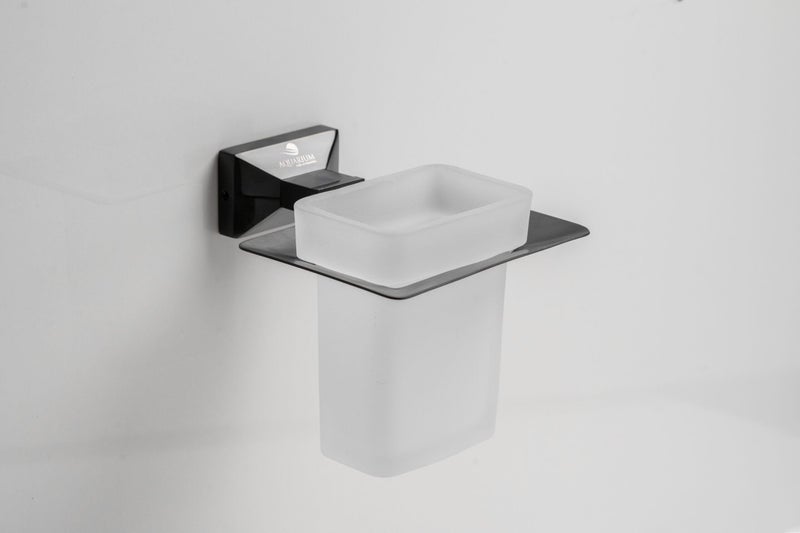 AQUARIUM Toothbrush Holder,Wall-Mounted Stainless Steel and Frosted Glass Toothbrush Tumbler Holder Black Toothbrush Tumbler Holder - Image 1