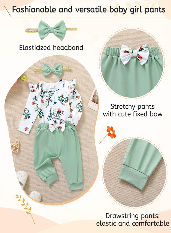 YALLET Baby Girl Clothes Newborn Infant Outfits Floral Romper+Pants+Headband Fall Baby Clothes for Girls 0 3 6 12 18 Months(Green, 3-6 Months) - Image 4