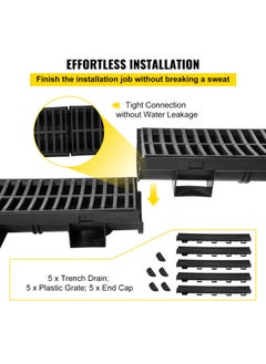 VEVOR Vevor Trench Drain System  Channel Drain With Plastic Grate  5.7X3.1-Inch Hdpe Drainage Trench  Black Plastic Garage Floor Drain  5X39 Trench Drain Grate  With 5 End Caps  For Garden  Driveway-5 Pack  - Image 3