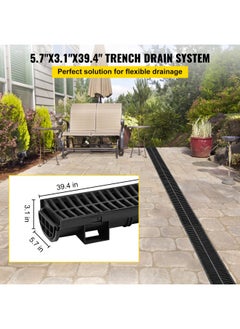 VEVOR Vevor Trench Drain System  Channel Drain With Plastic Grate  5.7X3.1-Inch Hdpe Drainage Trench  Black Plastic Garage Floor Drain  5X39 Trench Drain Grate  With 5 End Caps  For Garden  Driveway-5 Pack  - Image 2