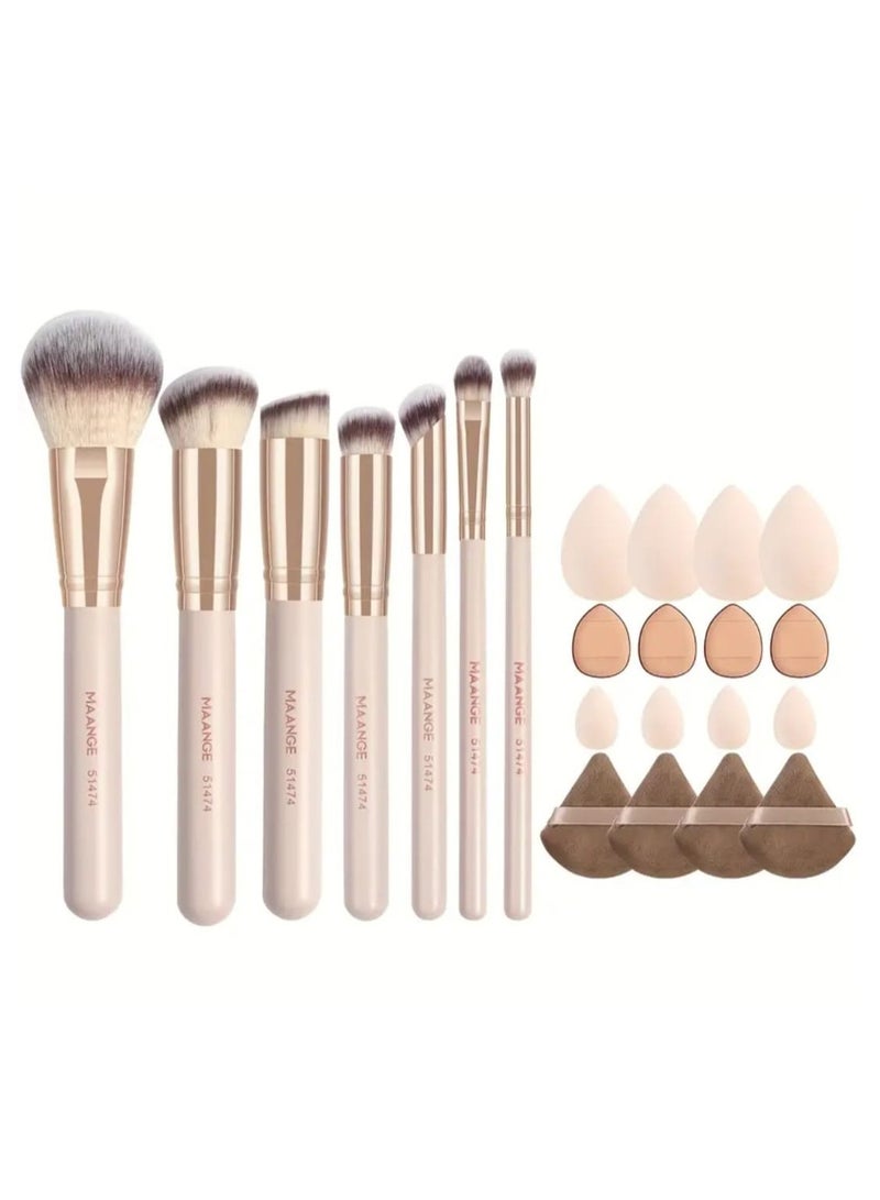 مانجي مجموعة أدوات مكياج مكونة من 23 قطعة، مجموعة فرش مكياج احترافية مكونة من 7 قطع، إسفنجة دمج مكونة من 16 قطعة، تتضمن فرش كريم الأساس وأحمر الخدود والكونسيلر وفرش التفاصيل - بحجم مناسب للسفر، مثالية كهدية، مجموعة فرش مكياج بحجم مناسب للسفر، فرش مكياج متينة - Image 1