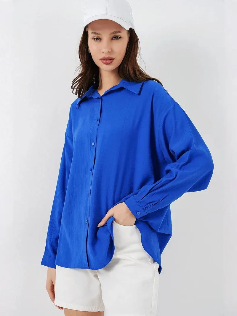 Big Dart Moroccan Blue BDART Oversized Long-Sleeve Button-Up Shirt for Women | Best Price UAE
