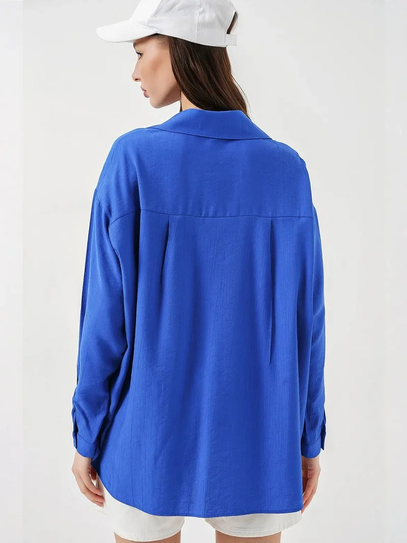 Big Dart Moroccan Blue BDART Oversized Long-Sleeve Button-Up Shirt for Women | Best Price UAE