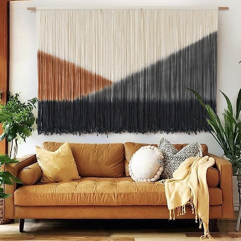 Flber Macrame Wall Hanging Black Large Boho Wall Art Dip Dye for Living Room Bedroom Backdrop Home Decor Bohemian Fiber Yarn Art 57"Wx 35"L - Image 1