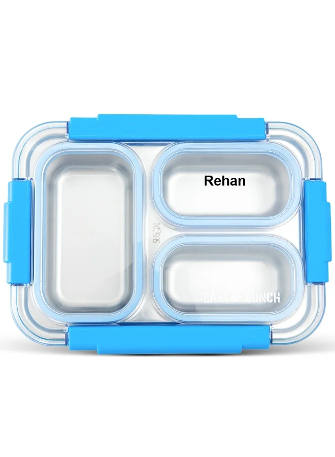 إيزي كيدز Eazy Kids Personalized Stainless Steel Lunch Box 710ml, 3 Compartment Leakproof Bento Box for Kids- Blue