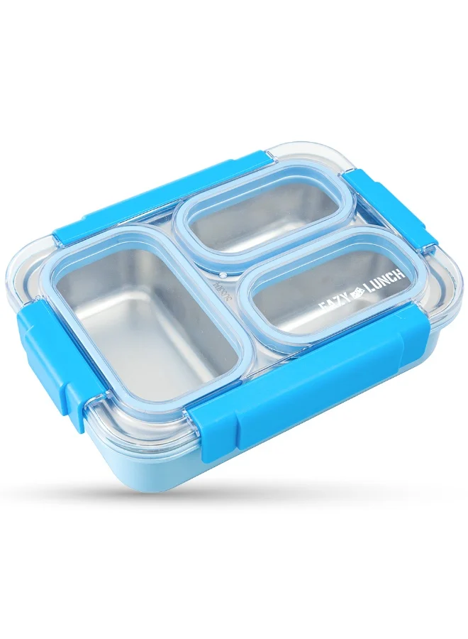 إيزي كيدز Eazy Kids Personalized Stainless Steel Lunch Box 710ml, 3 Compartment Leakproof Bento Box for Kids- Blue