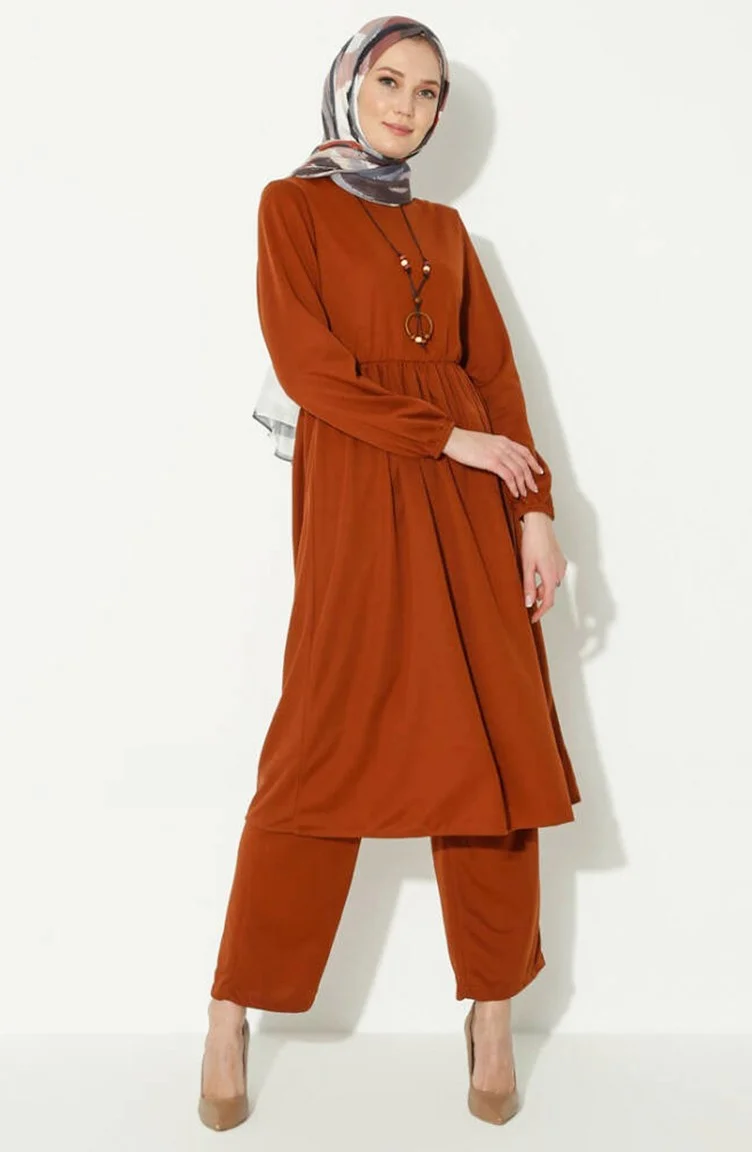 Sefa Merve Necklace Tunic Trousers Two Piece Suit 0583-10 Tan