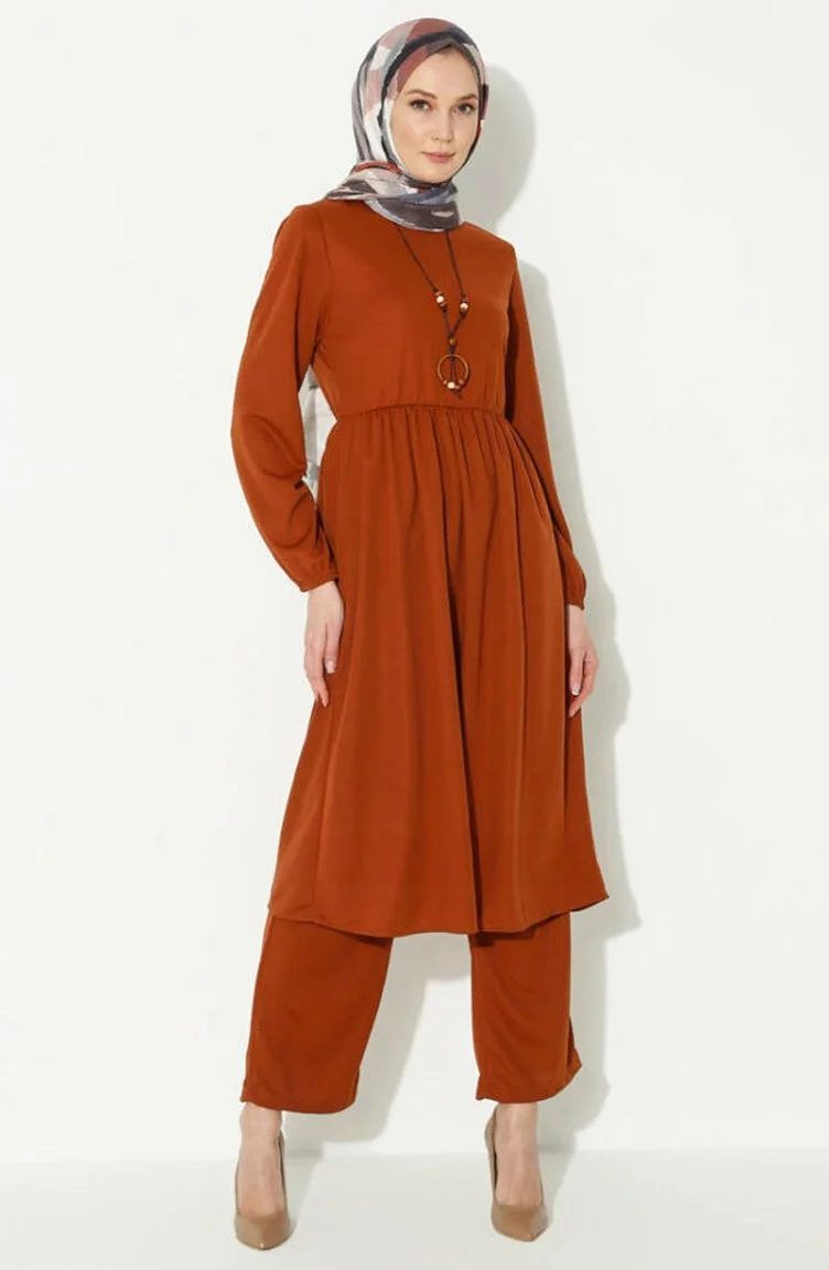 Sefa Merve Necklace Tunic Trousers Two Piece Suit 0583-10 Tan
