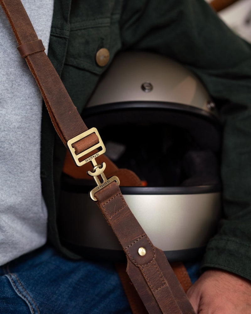 Trip Machine Company Helmet Harness – Genuine Leather Motorcycle Helmet Carrier Strap | Heavy Duty Tactical Buckle | Helmet Holder | Padded Shoulder Straps | Helmet Accessories Mocha - Image 3