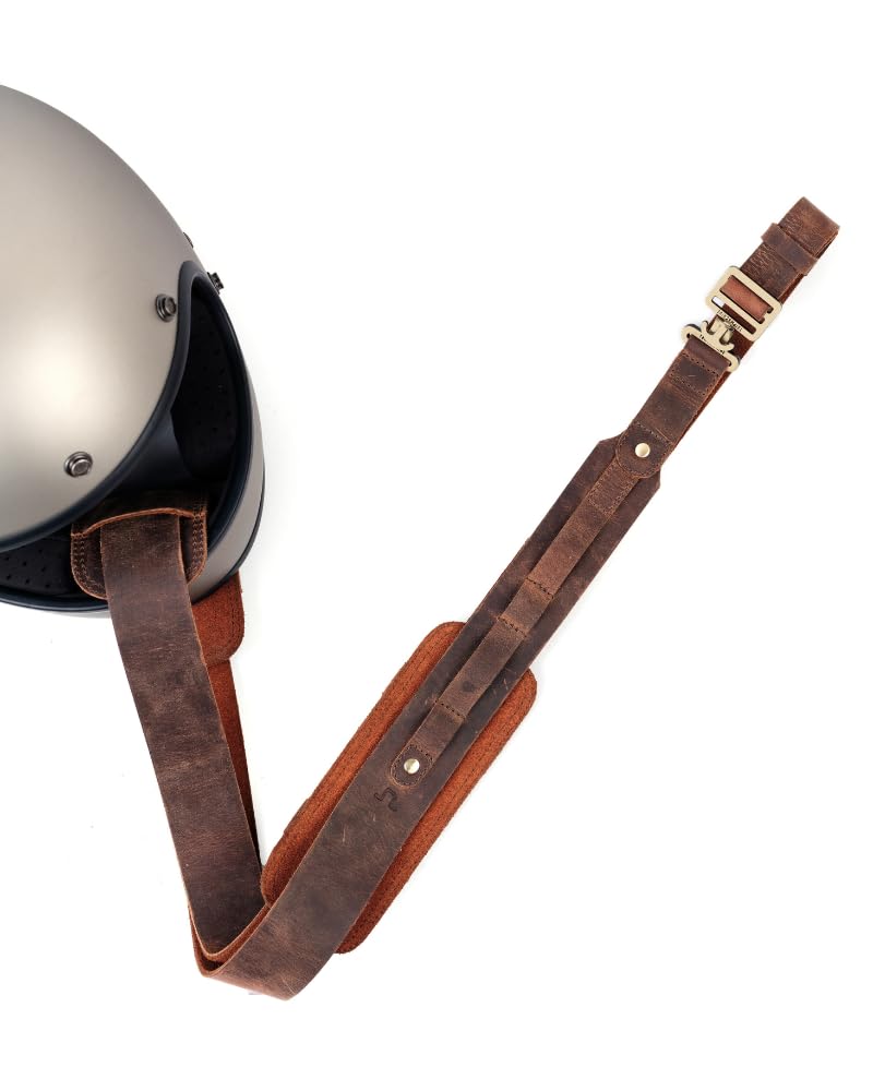 Trip Machine Company Helmet Harness – Genuine Leather Motorcycle Helmet Carrier Strap | Heavy Duty Tactical Buckle | Helmet Holder | Padded Shoulder Straps | Helmet Accessories Mocha - Image 2