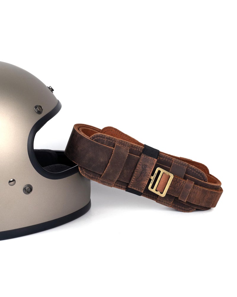 Trip Machine Company Helmet Harness – Genuine Leather Motorcycle Helmet Carrier Strap | Heavy Duty Tactical Buckle | Helmet Holder | Padded Shoulder Straps | Helmet Accessories Mocha - Image 1