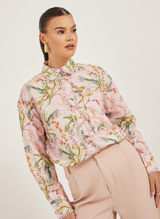 Styli Floral Print Lace Trim Spread Collar Shirt - Image 1