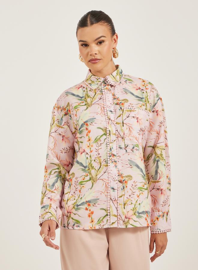 Styli Floral Print Lace Trim Spread Collar Shirt - Image 3