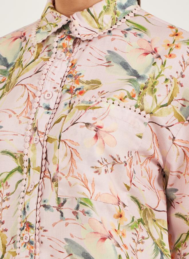 Styli Floral Print Lace Trim Spread Collar Shirt - Image 4