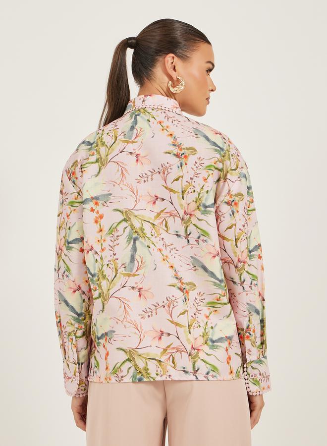 Styli Floral Print Lace Trim Spread Collar Shirt - Image 5