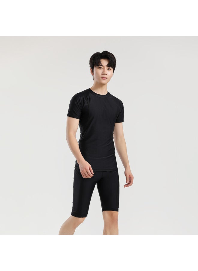 Loquat Two-piece Swimsuit Men's Sun Protection Quick-drying Short-sleeved Shirt Youth Five-point Boxers Sports Training Hot Spring Suit-Color:88 Black- - Image 1