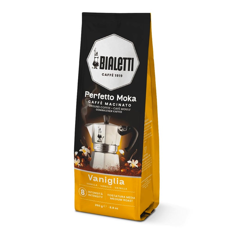Bialetti Perfetto Moka Vaniglia Medium Roasting Ground Coffee Vanilla Aroma 88 Oz 250g Bag with FlavourSaving Valve