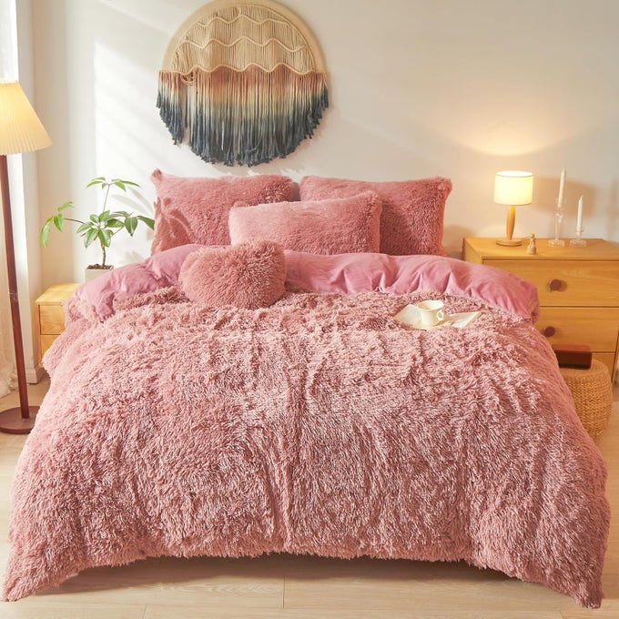 SHAGGY FLUFFY OLD PINK COMFORTER COVER QUEEN SET FAUX FUR SHAGGY OLD PINK BEDDING 3PIECE SET 1 DUVET COVER 2 FURRY PILLOW SHAMS COZY BED SET