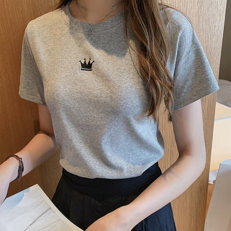 2024 summer new slim embroidery round neck short sleeve T-shirt womens student womens base coat a generation of hair Grey  - Image 5