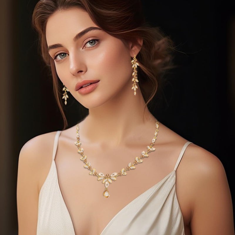 Paxuan Wedding Jewelry Sets for Bride Bridesmaid Bridal Jewelry Set for Women Wedding Crystal Necklace Earrings Bracelet Set for Party Prom Jewelry (Champagne - 14K Gold) - Image 2