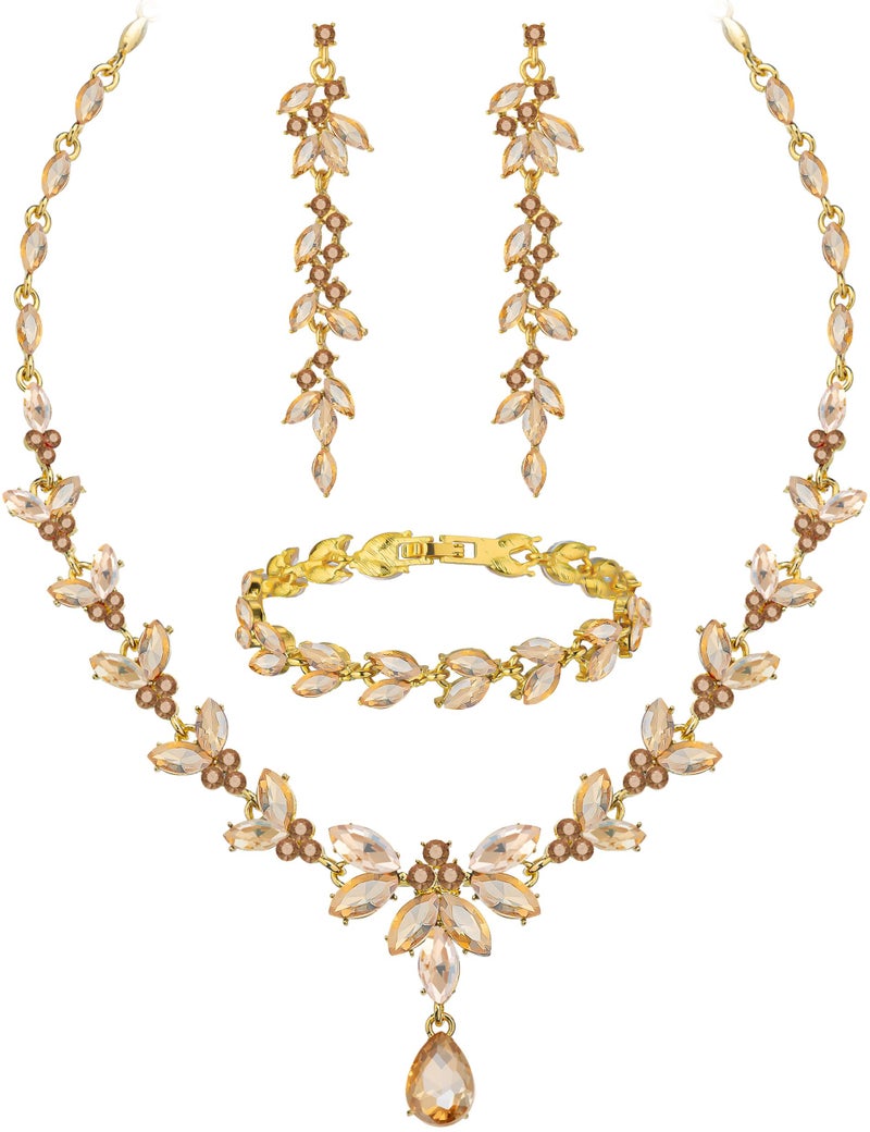 Paxuan Wedding Jewelry Sets for Bride Bridesmaid Bridal Jewelry Set for Women Wedding Crystal Necklace Earrings Bracelet Set for Party Prom Jewelry (Champagne - 14K Gold) - Image 1
