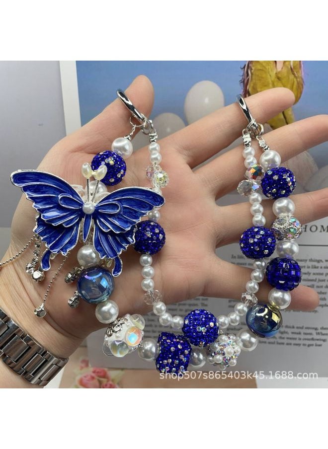Tassel Butterfly Mobile Phone Chain Heavy Industry Diamond Double-layer Mobile Phone Pendant Versatile Bag Chain Live Broadcast Hot Style-Specifications:B6-a Royal Blue