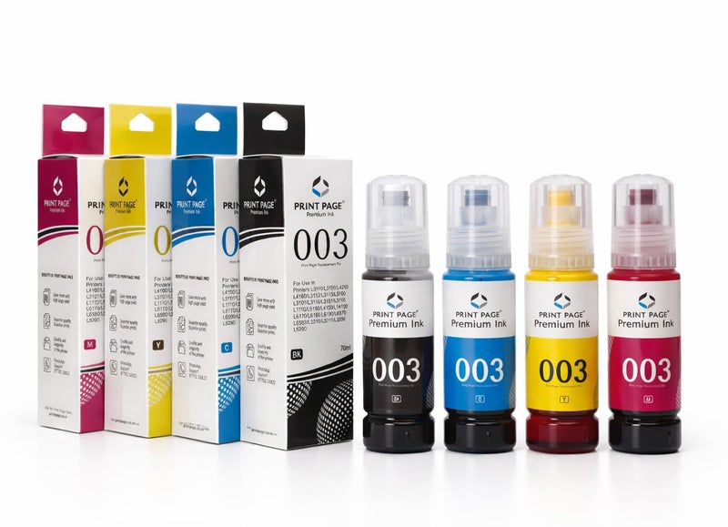 Print Page 003 Premium Refill Ink Compatible for Printers L3110, L3150, L4260, L4160, L3152, L3115, L3100, L3101, L3116, L3151, L3156, L1110, L5190, L4150, L14150,L6170,L6160 (4 Color Set)(70 ml Each) - Image 1