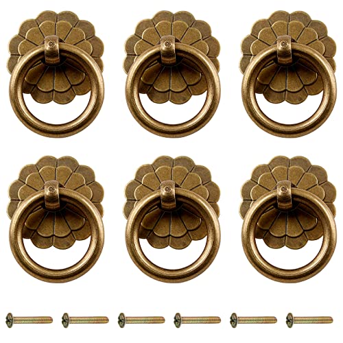 Zorfeter 6Pcs Antique Brass Ring Pulls Vintage Cabinet Small Ring Pulls Knobs Handles for Drawer Closet Cupboard - Image 1