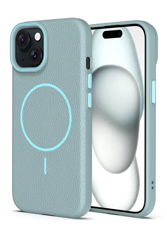 Magsafe Phone Case For iPhone 14 With High Quality Rubber Frame And Slim Lychee Pattern Leather Case with Camera Lens Protection Shockproof Cover And support wireless Charging Leather Cover for iPhone 14 - Baby Blue  - Image 3
