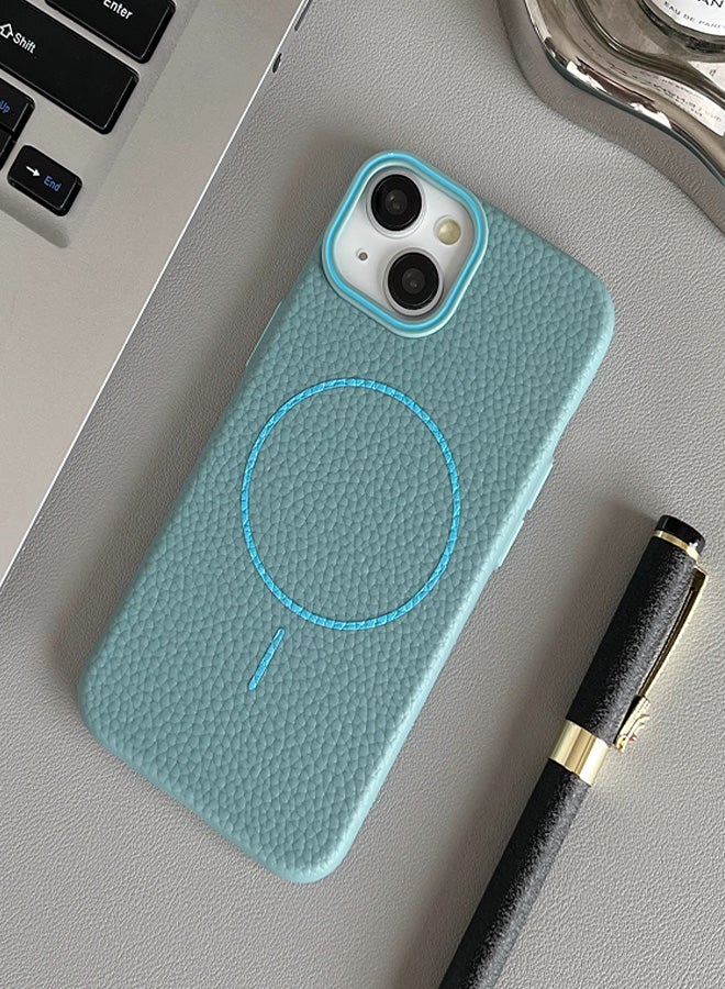 Magsafe Phone Case For iPhone 14 With High Quality Rubber Frame And Slim Lychee Pattern Leather Case with Camera Lens Protection Shockproof Cover And support wireless Charging Leather Cover for iPhone 14 - Baby Blue  - Image 4
