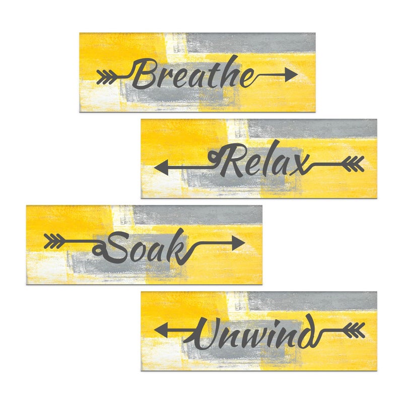 ARS Graphics ARS® 4 Pieces Yellow and Grey Abstract Bathroom Wall Art - Relax, Soak, Unwind, Breathe Signs Decor - Image 1