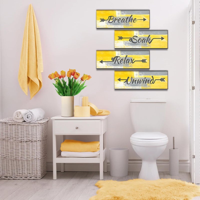 ARS Graphics ARS® 4 Pieces Yellow and Grey Abstract Bathroom Wall Art - Relax, Soak, Unwind, Breathe Signs Decor - Image 4