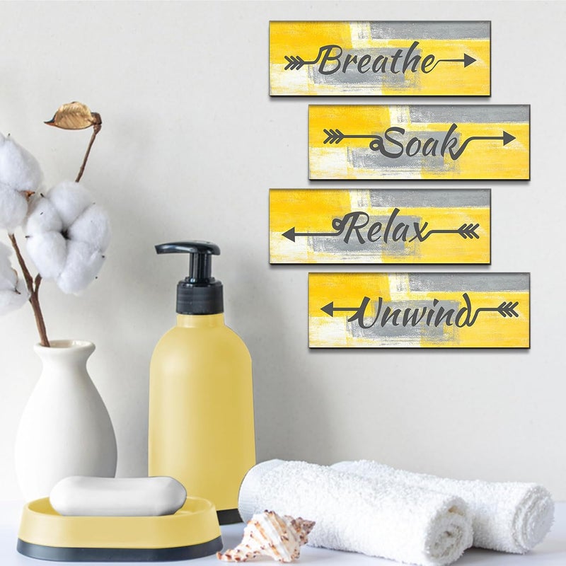 ARS Graphics ARS® 4 Pieces Yellow and Grey Abstract Bathroom Wall Art - Relax, Soak, Unwind, Breathe Signs Decor - Image 3