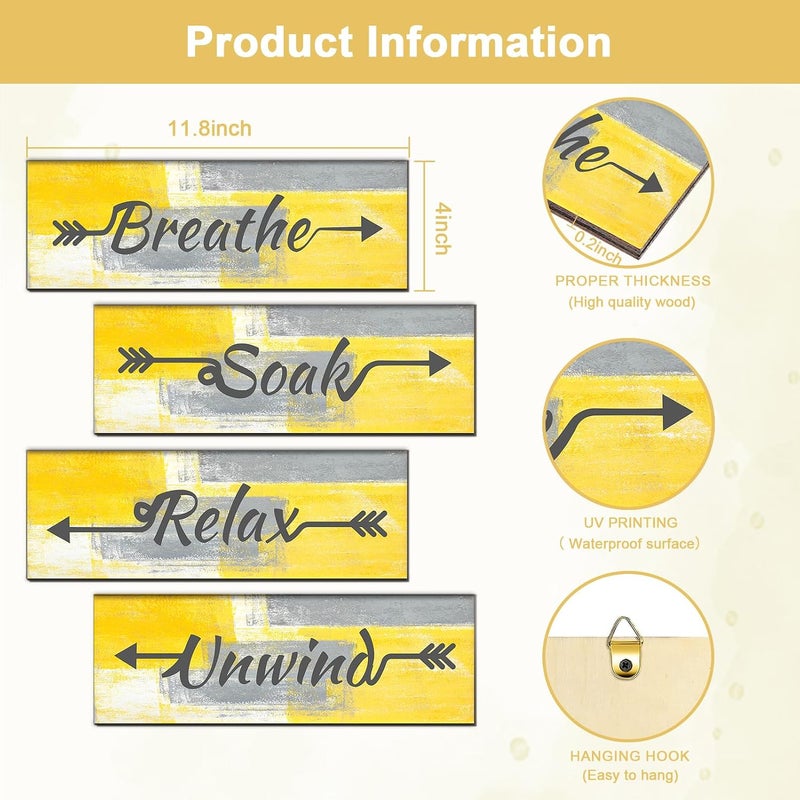 ARS Graphics ARS® 4 Pieces Yellow and Grey Abstract Bathroom Wall Art - Relax, Soak, Unwind, Breathe Signs Decor - Image 2