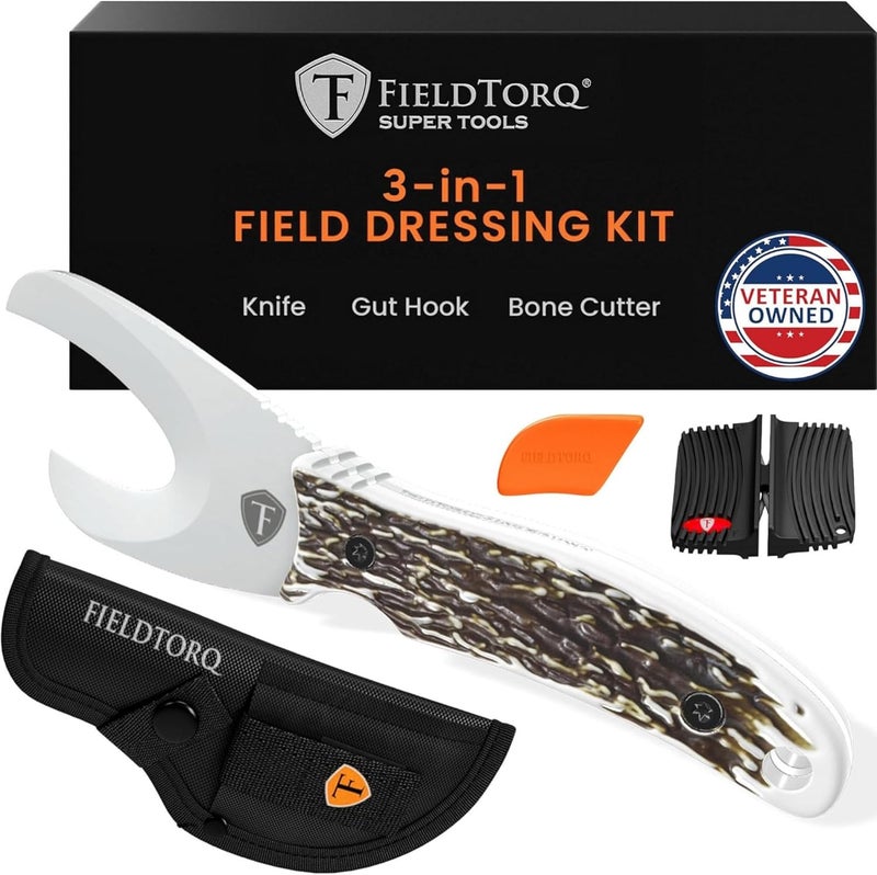 FieldTorq طقم تجهيز الميدان | أداة سوبر 3 في 1 مع غلاف ومبراة | سكين جلد للصيد | خطاف الأمعاء | مجموعة سكاكين صيد الغزلان | الأيائل - Image 1