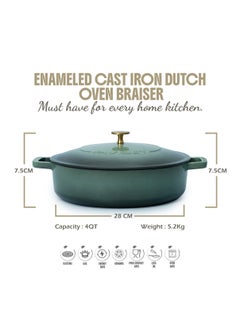 VAV Healthy and Safe, Non-Stick Cookware, Enameled Cast Iron Dutch Oven Braiser Pan, 28cm / 3.79L – Green  - Image 3