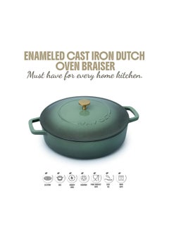 VAV Healthy and Safe, Non-Stick Cookware, Enameled Cast Iron Dutch Oven Braiser Pan, 28cm / 3.79L – Green  - Image 2