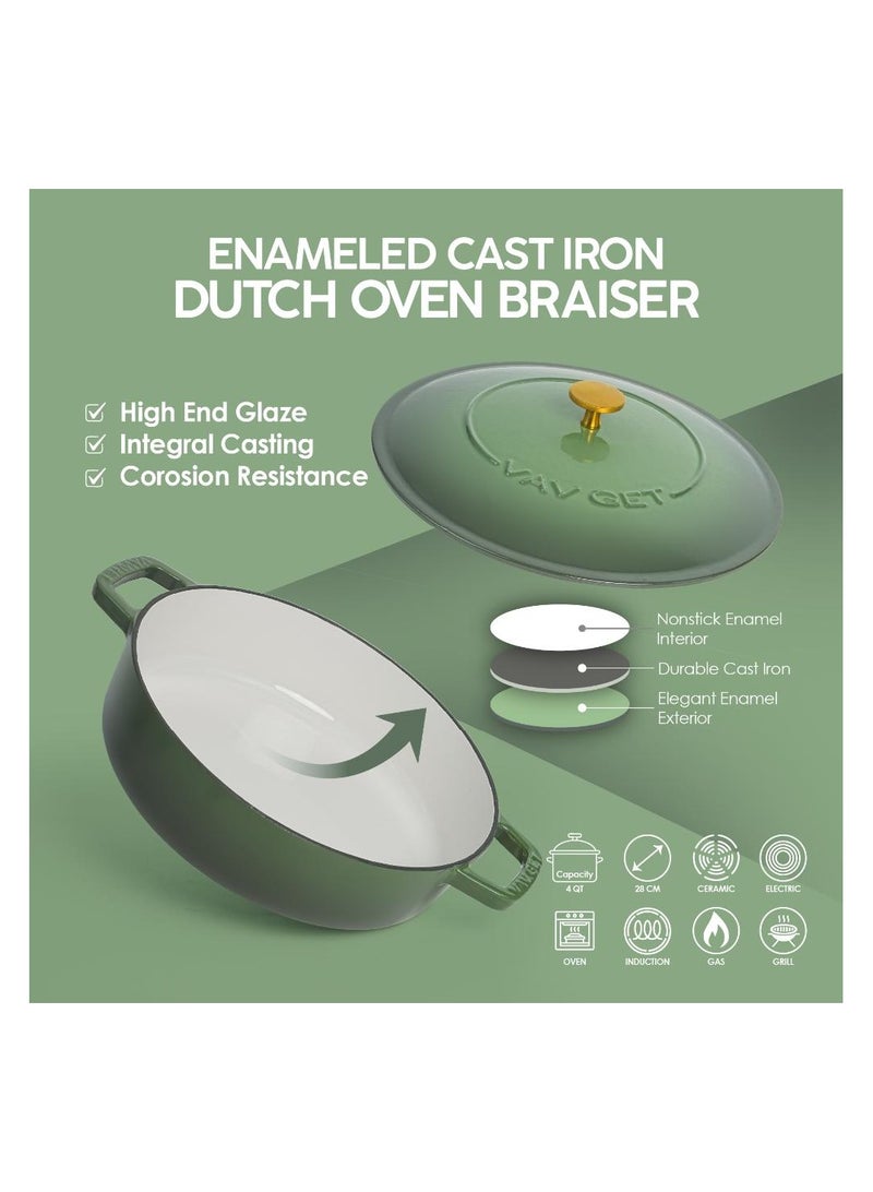 VAV Healthy and Safe, Non-Stick Cookware, Enameled Cast Iron Dutch Oven Braiser Pan, 28cm / 3.79L – Green - Image 4