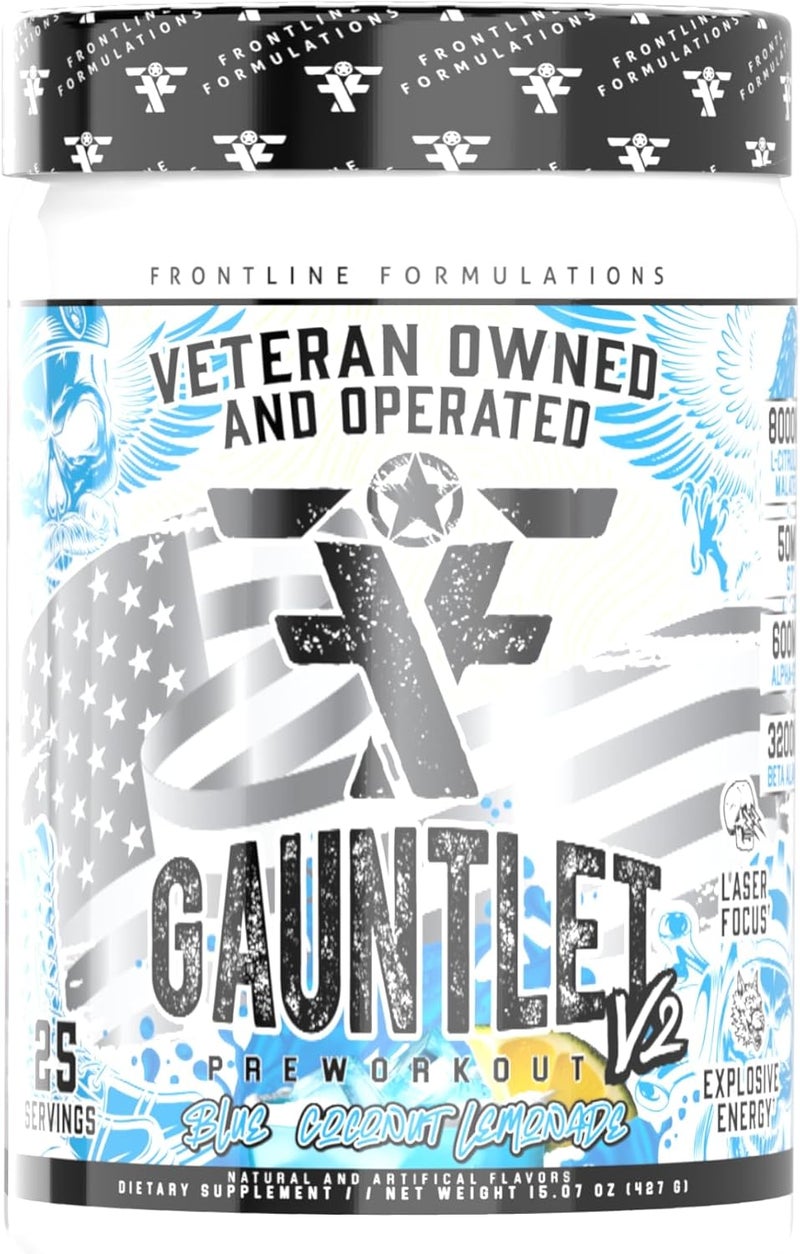 FRONTLINE FORMULATIONS Gauntlet PreWorkout Powder Explosive Workouts Laser Focus Mid Stim Amazing Flavor Veteran Owned and Operated 25 Servings Blue Coconut Lemonade - Image 1