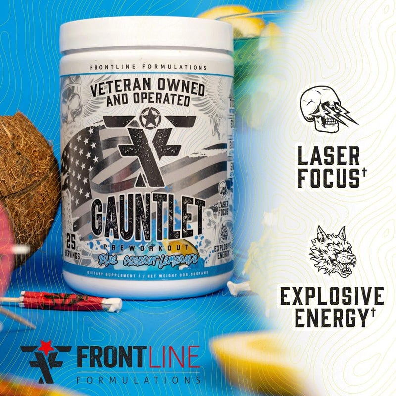 FRONTLINE FORMULATIONS Gauntlet PreWorkout Powder Explosive Workouts Laser Focus Mid Stim Amazing Flavor Veteran Owned and Operated 25 Servings Blue Coconut Lemonade - Image 4