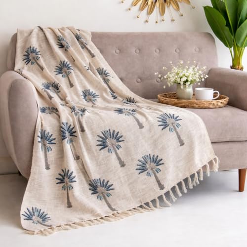 DMAASA Boho Throw Blanket – 100% Cotton Handblock Print Palm Tree Design, 50x70 Inch Lightweight Sofa Throw with Fringe – Tropical Boho Decor for Couch, Bed, or Living Room (R-HBTH00106) - Image 1