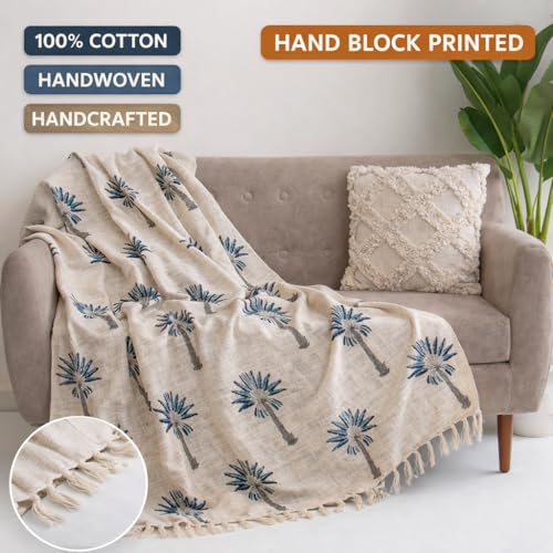 DMAASA Boho Throw Blanket – 100% Cotton Handblock Print Palm Tree Design, 50x70 Inch Lightweight Sofa Throw with Fringe – Tropical Boho Decor for Couch, Bed, or Living Room (R-HBTH00106) - Image 3
