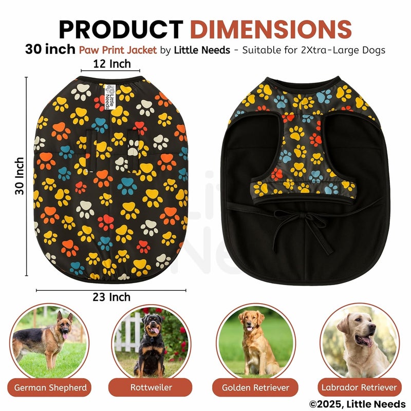 LITTLE NEEDS Dog Winter Jacket - (Paw Print, 30 Inch) for Xtra Large Size Dogs | Ultra Warm Waterproof & Windproof Coat | Adjustable Velcro Closure, Washable Vest for Cold Weather | Indoor & Outdoor - Image 2