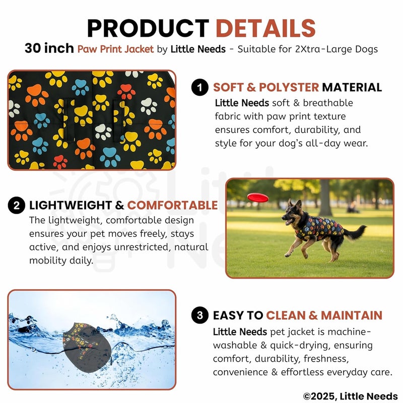 LITTLE NEEDS Dog Winter Jacket - (Paw Print, 30 Inch) for Xtra Large Size Dogs | Ultra Warm Waterproof & Windproof Coat | Adjustable Velcro Closure, Washable Vest for Cold Weather | Indoor & Outdoor - Image 3