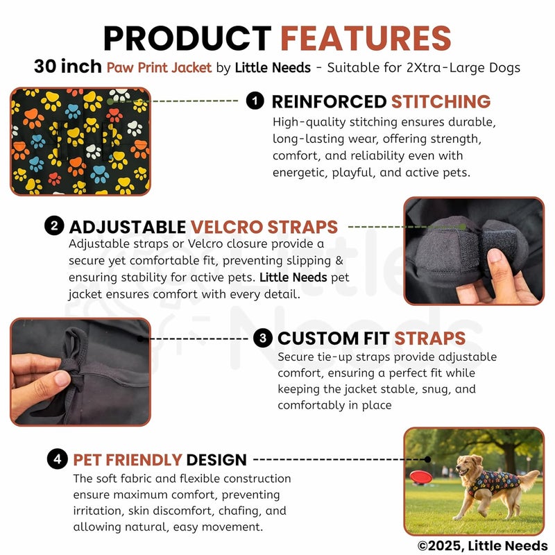 LITTLE NEEDS Dog Winter Jacket - (Paw Print, 30 Inch) for Xtra Large Size Dogs | Ultra Warm Waterproof & Windproof Coat | Adjustable Velcro Closure, Washable Vest for Cold Weather | Indoor & Outdoor - Image 4