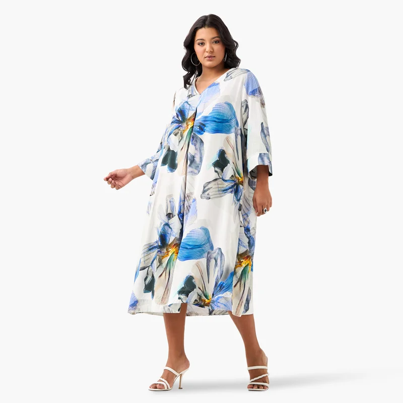 Ulla Popken Plus Size Ulla Popken Floral Print V-Neck Dress with 3/4 Sleeves